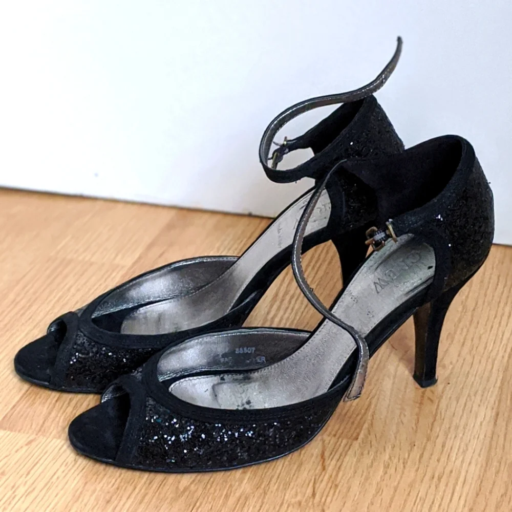 J.Crew Black Women's Glitter Sparkly Etta Strappy High Heels 9.5 Made in Italy - Picture 2 of 9